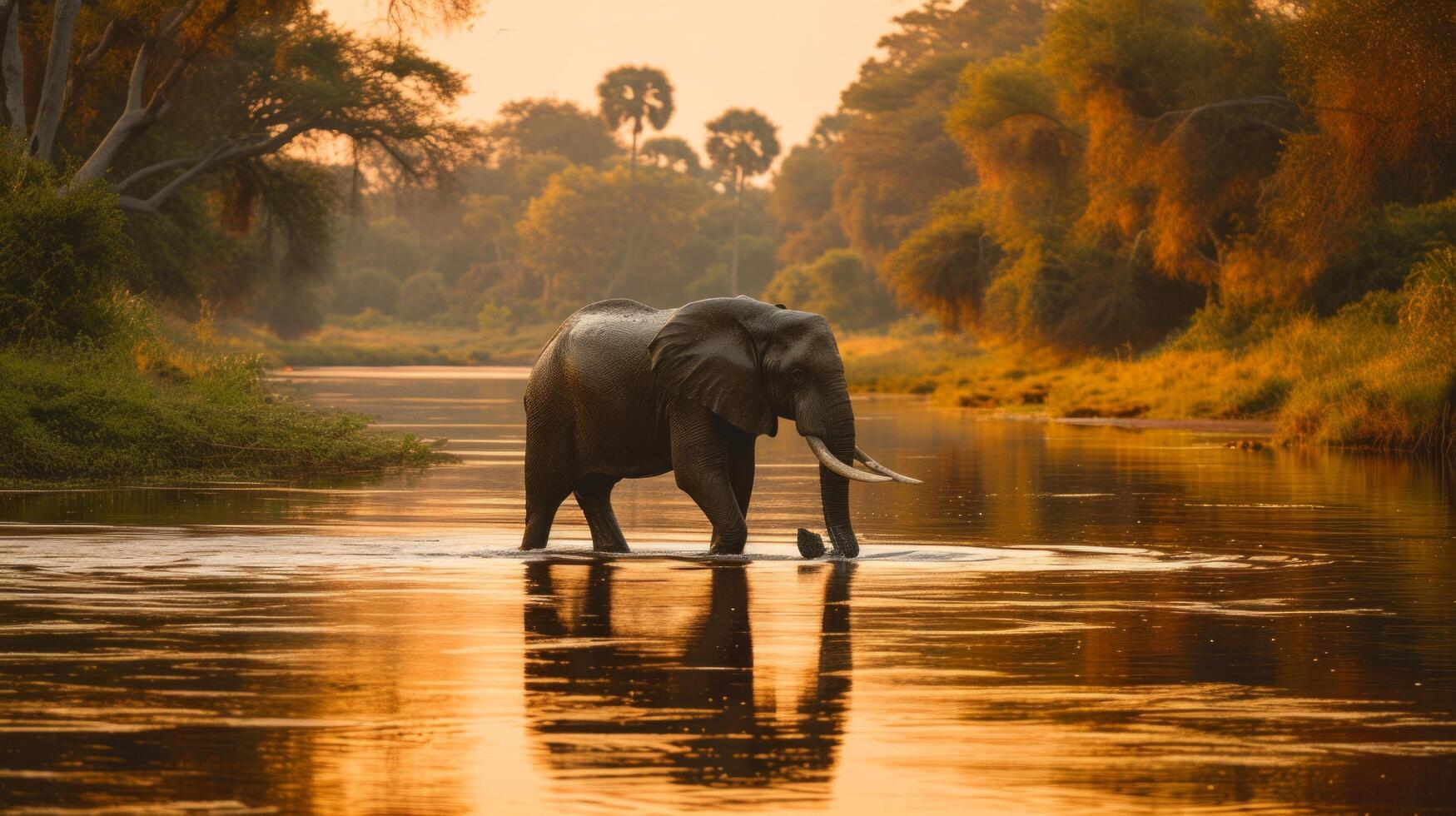 AI generated A serene elephant crossing a tranquil river, the reflection mirroring its massive grace photo
