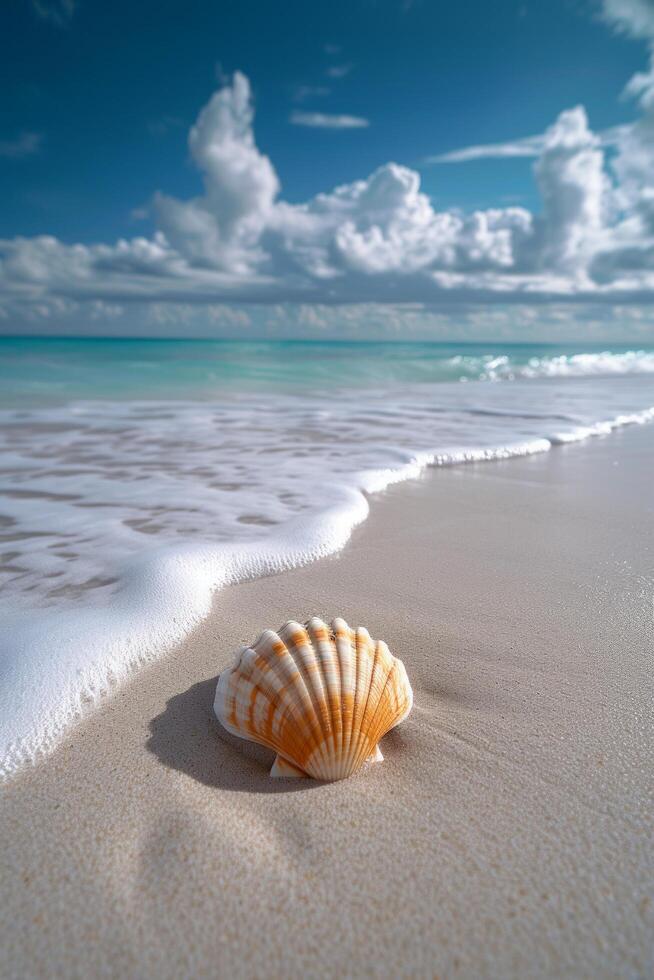 AI generated A tranquil beach scene with just a single, perfectly placed seashell in the sand photo