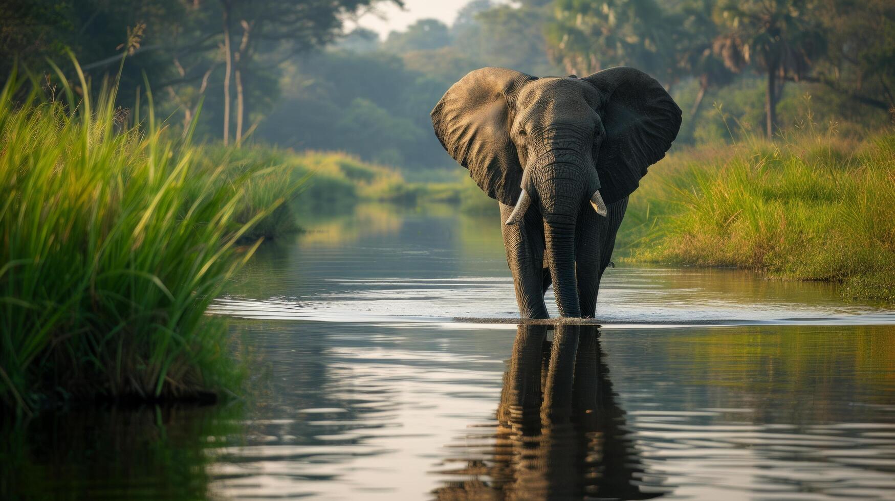 AI generated A serene elephant crossing a tranquil river, the reflection mirroring its massive grace photo