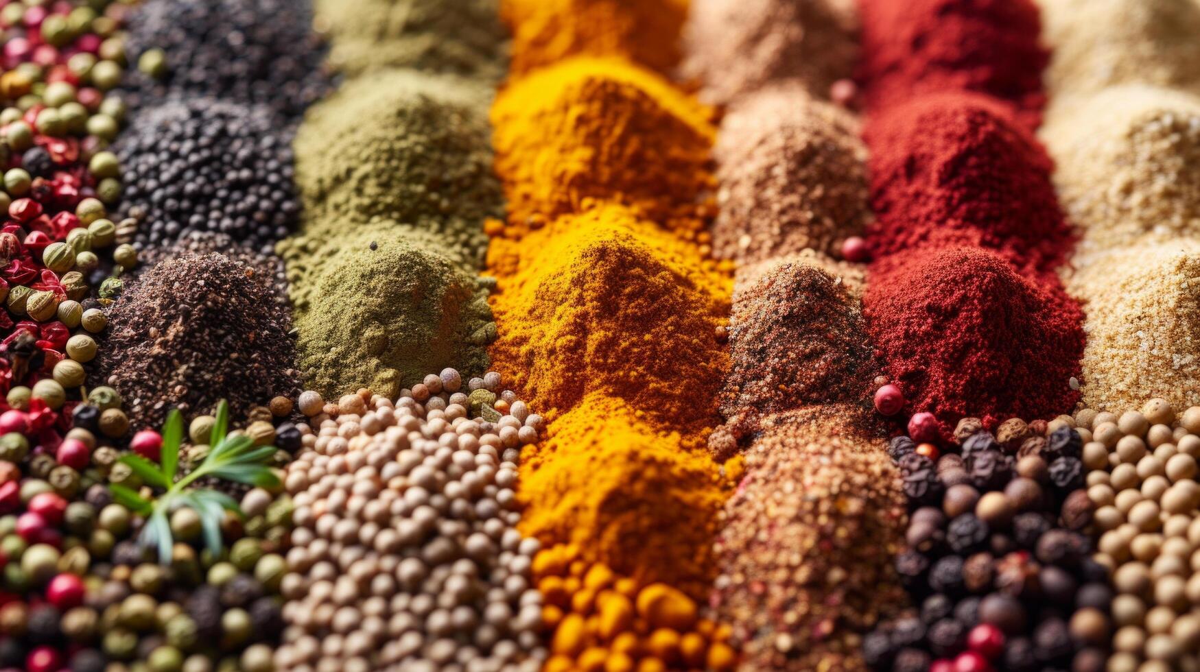 AI generated Rows of colorful spices in geometric patterns, symbolizing global flavors photo