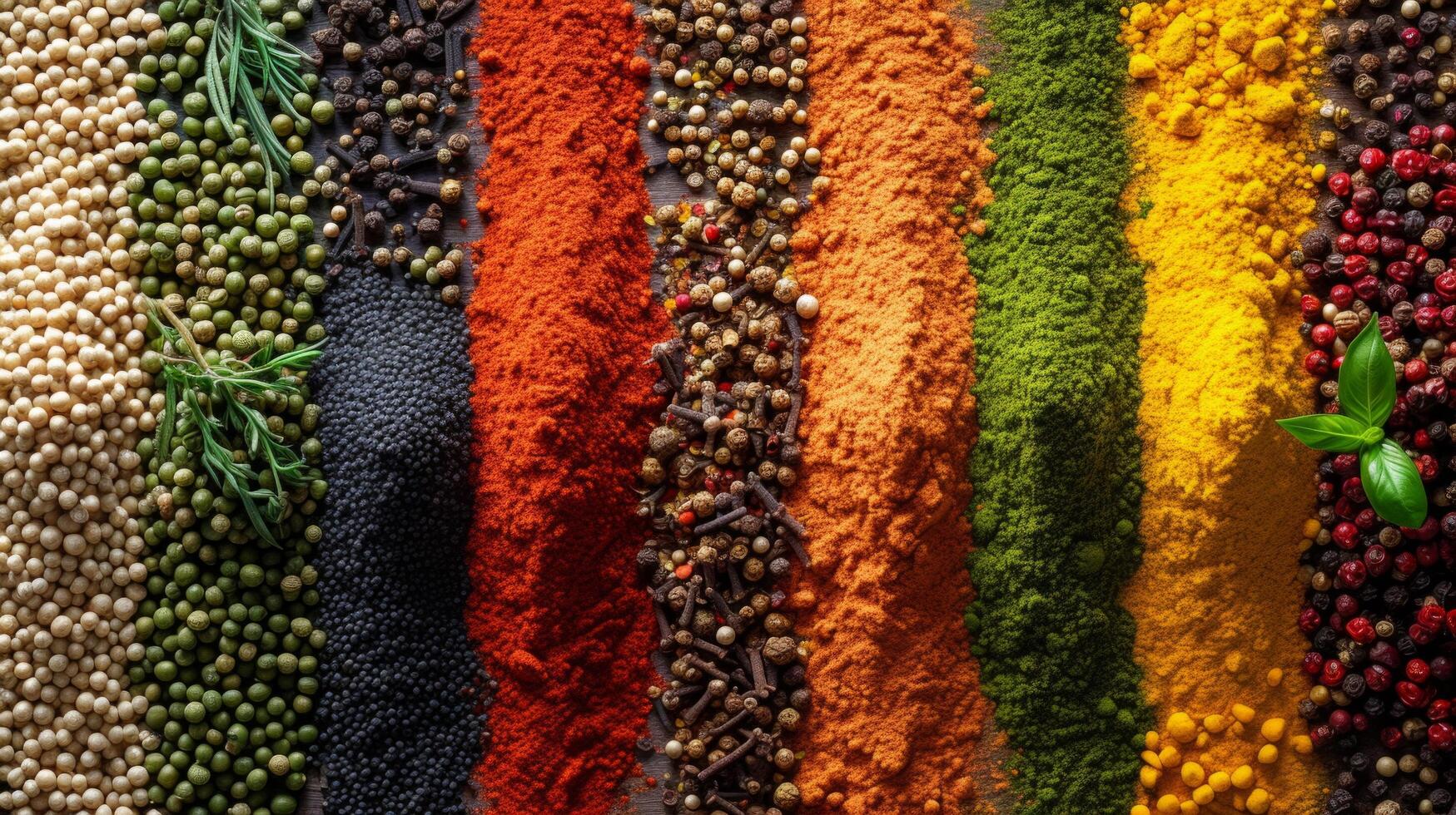 AI generated Rows of colorful spices in geometric patterns, symbolizing global flavors photo