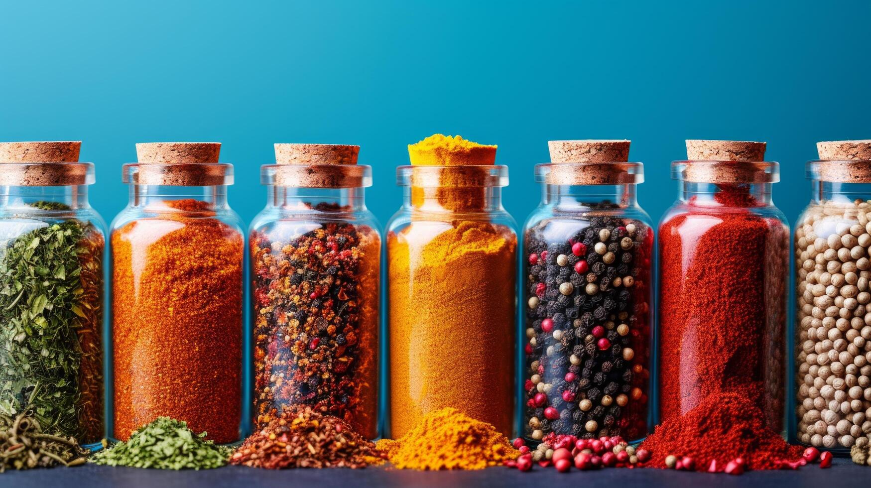 AI generated Rows of colorful spices in geometric patterns, symbolizing global flavors photo