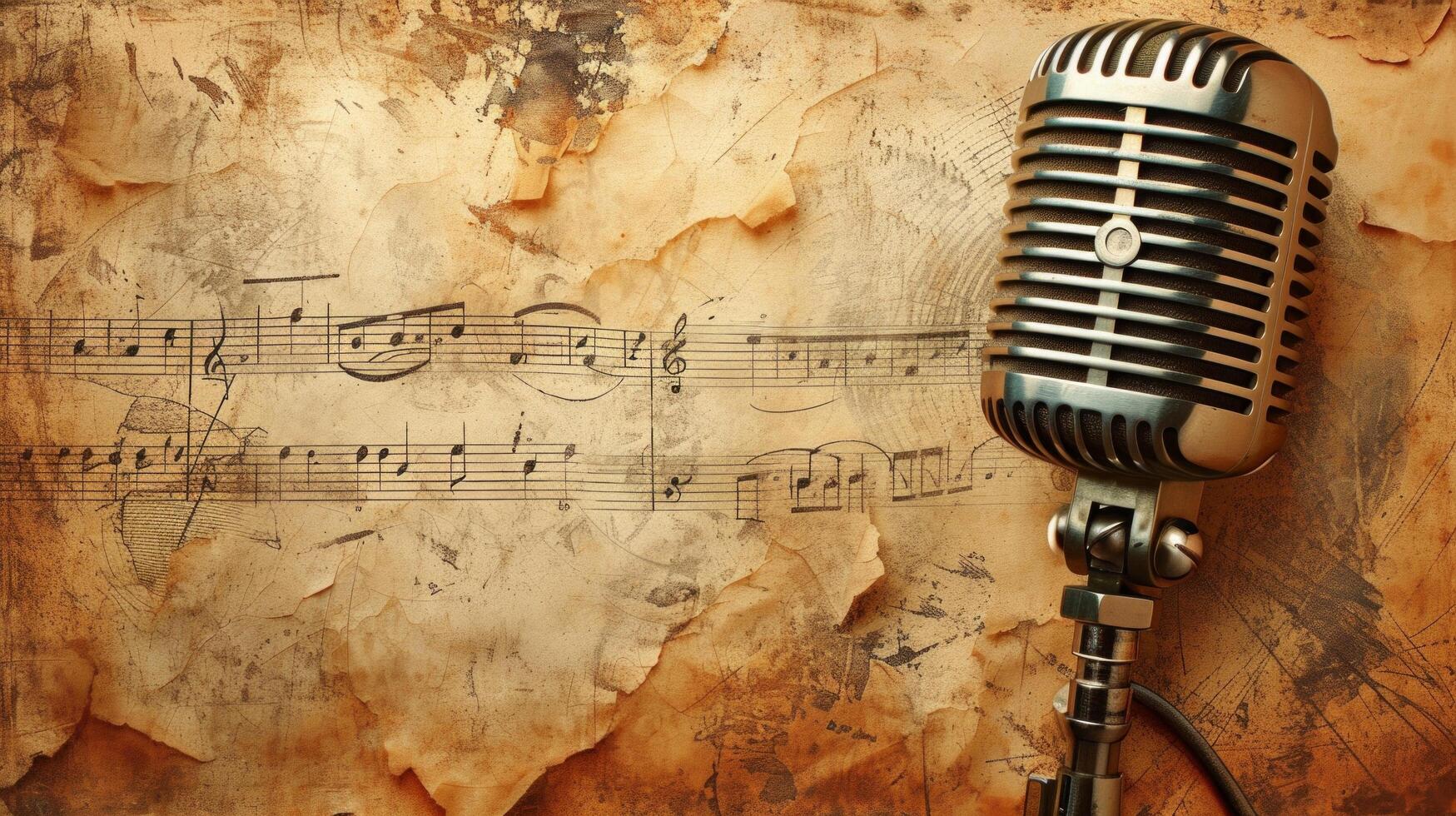 AI generated Vintage Melodies. Retro microphones and music notes adorning a sepia-toned, photo