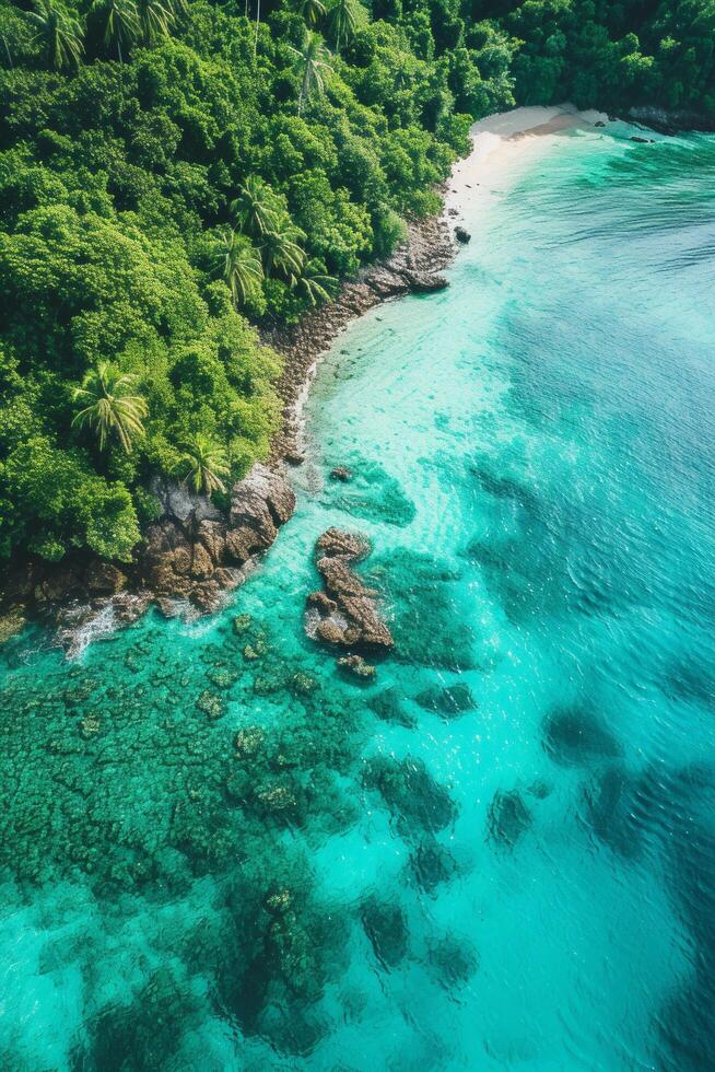 AI generated Tropical Paradise Aerial View. A blend of turquoise waters and lush greenery transports you to a tropical island seen from above photo