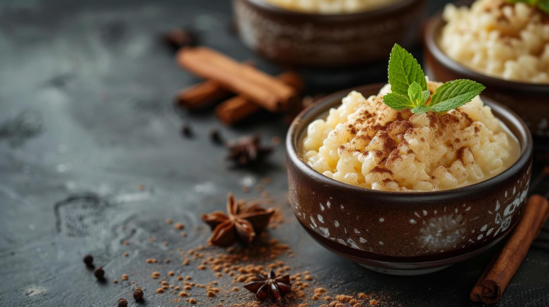 AI generated A classic rice pudding infused with vanilla and garnished with cinnamon photo