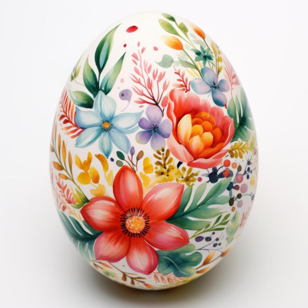 AI generated A delightful watercolor Easter egg adorned with colorful florals, set against a clean white backdrop photo