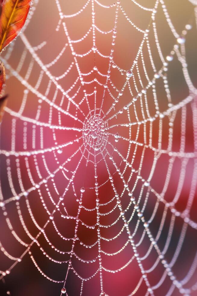 AI generated A close-up of a dew-covered spiderweb, showcasing nature's intricate artistry photo