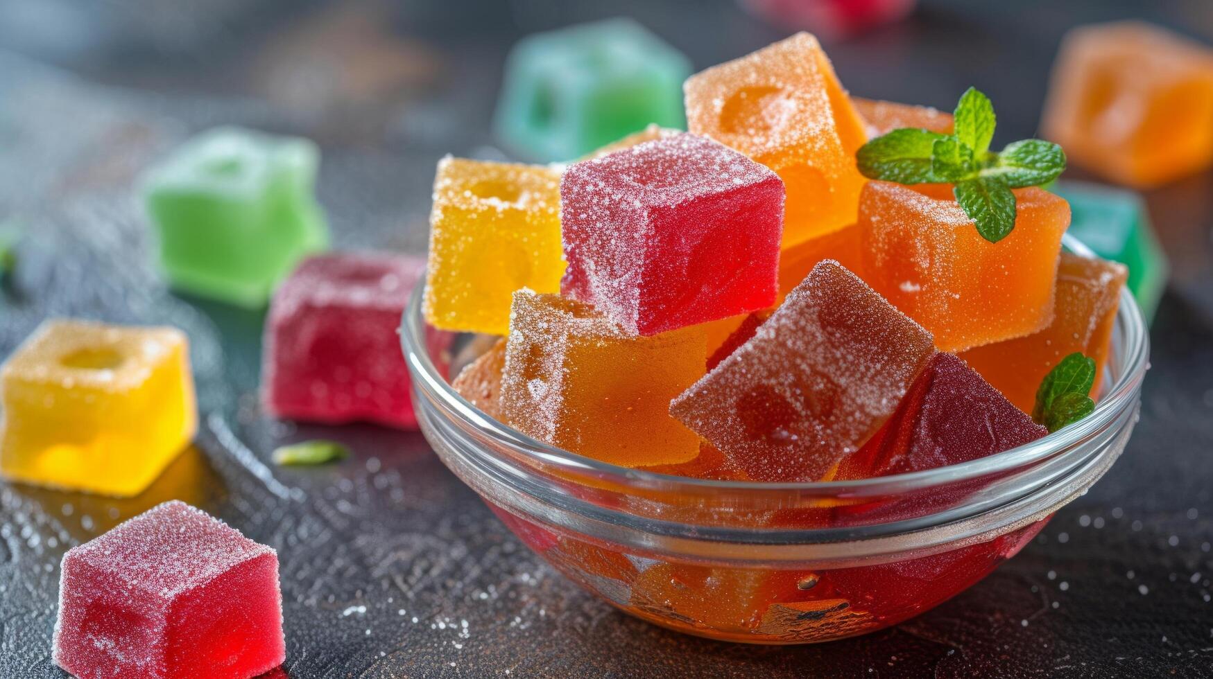 AI generated A colorful bowl of cubed jelly cubes, each bursting with fruity flavors and shimmering in the light photo