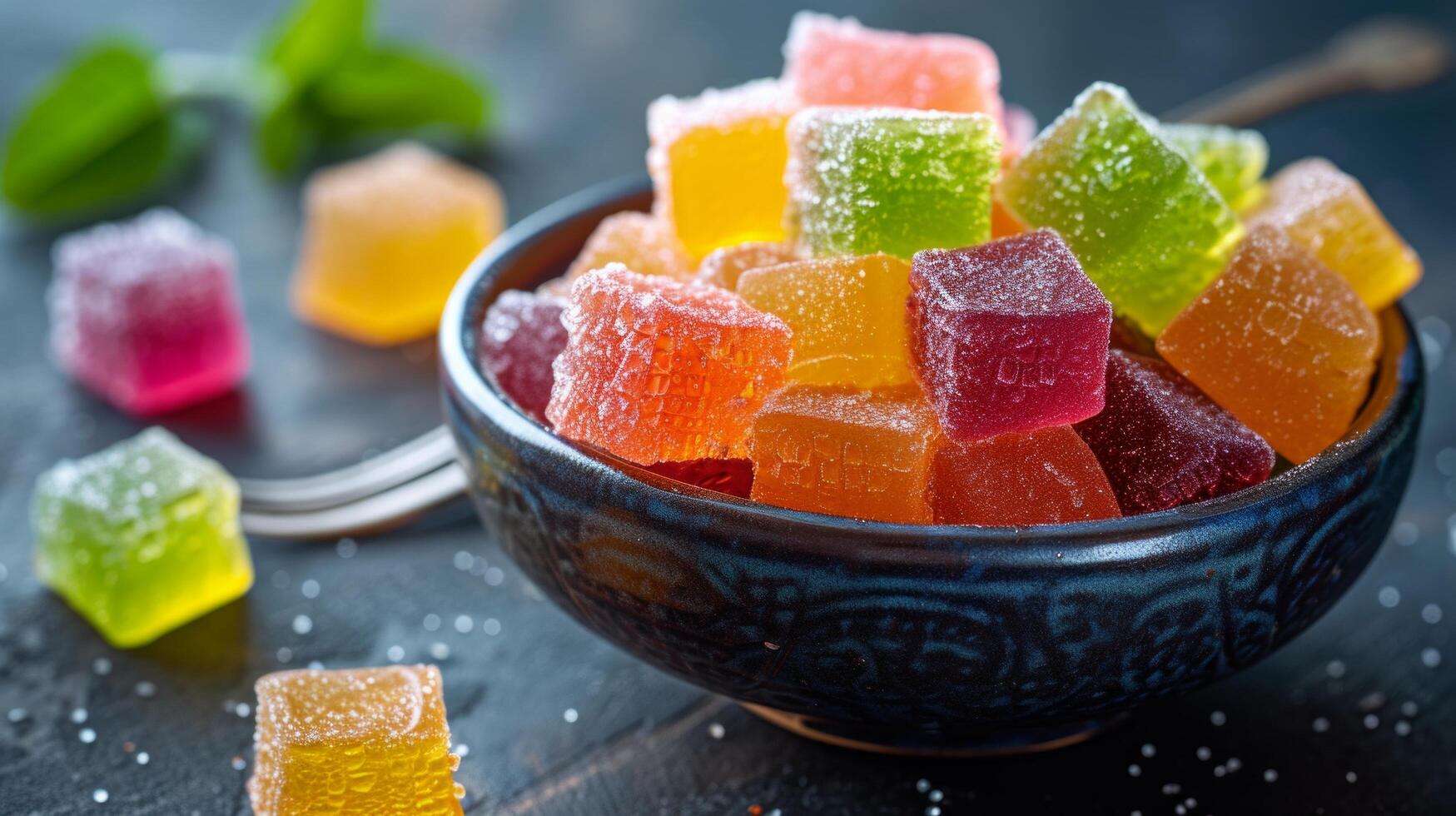 AI generated A colorful bowl of cubed jelly cubes, each bursting with fruity flavors and shimmering in the light photo