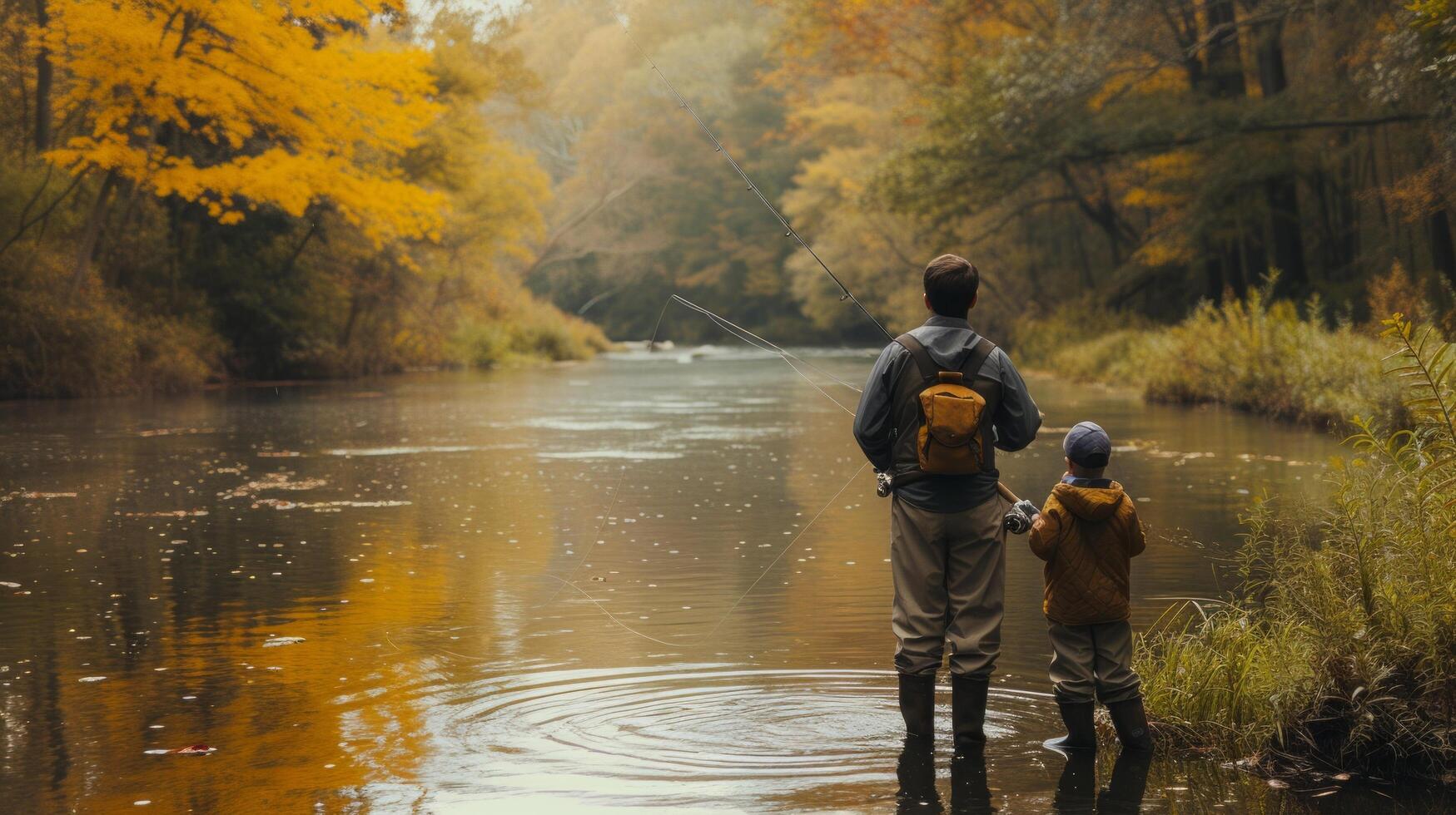 AI generated A father and son casting their fishing lines into a peaceful river, surrounded by nature's beauty photo