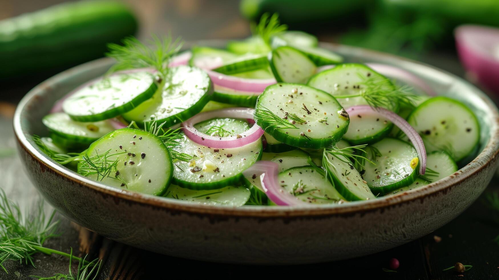 AI generated A refreshing cucumber salad with dill, red onion, and a yogurt-based dressing photo
