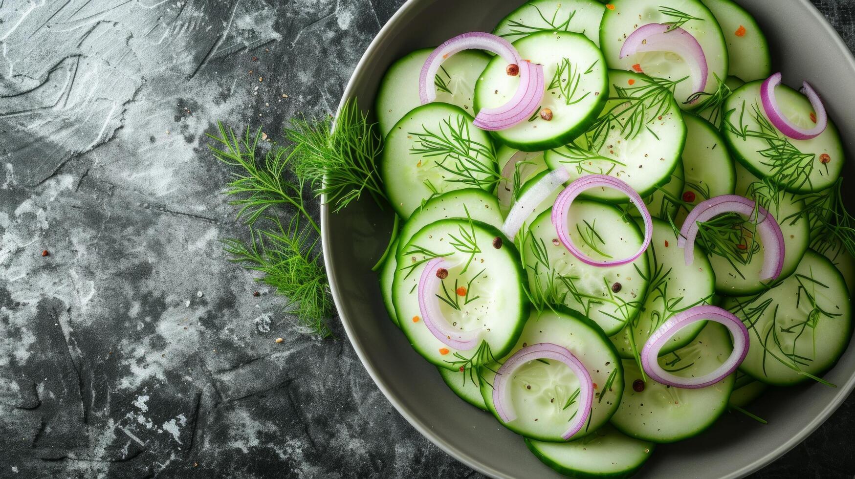 AI generated A refreshing cucumber salad with dill, red onion, and a yogurt-based dressing photo