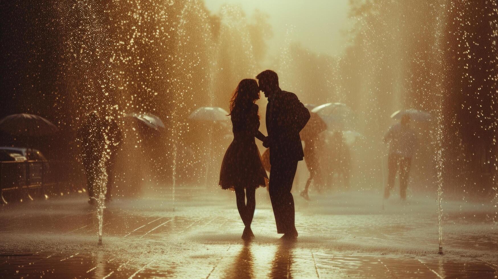 AI generated Love shines through as a couple twirls in a downpour, laughing joyously photo