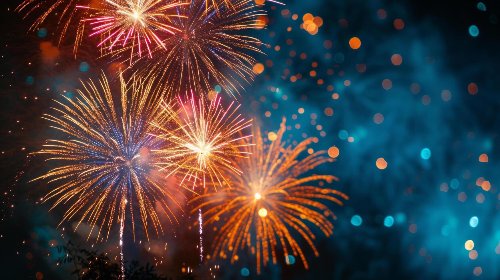 AI generated A dark, minimalistic backdrop lights up with the dazzling display of fireworks, evoking celebration photo