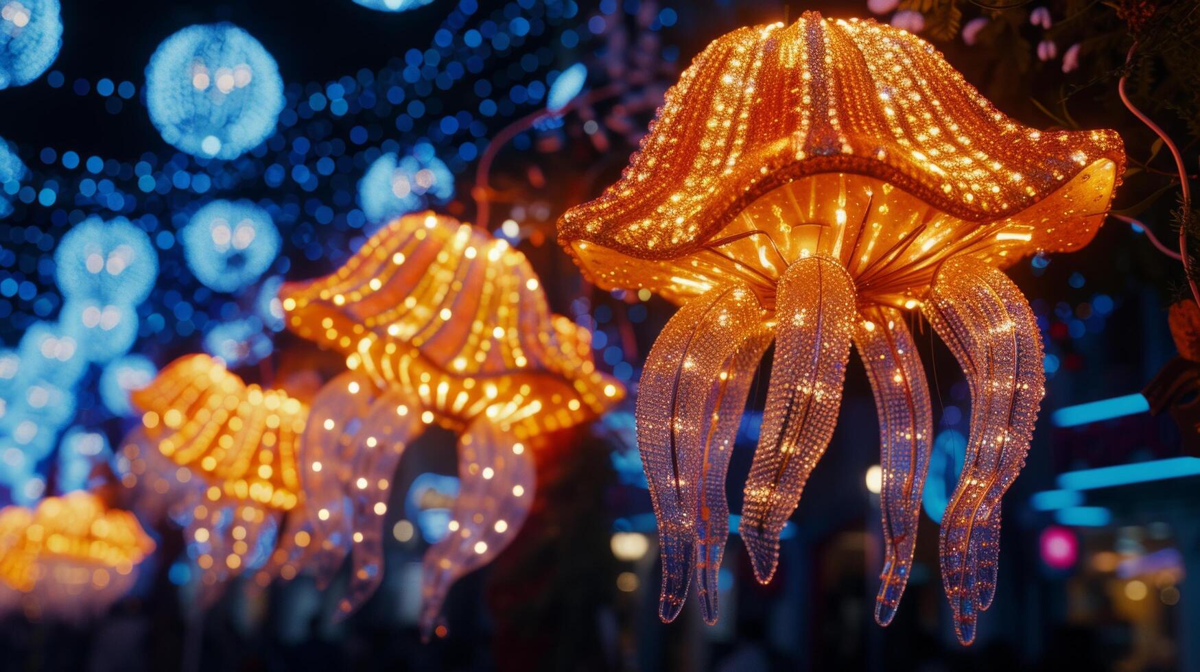 AI generated Gigantic floats adorned with sequins and LED lights glide through the night photo