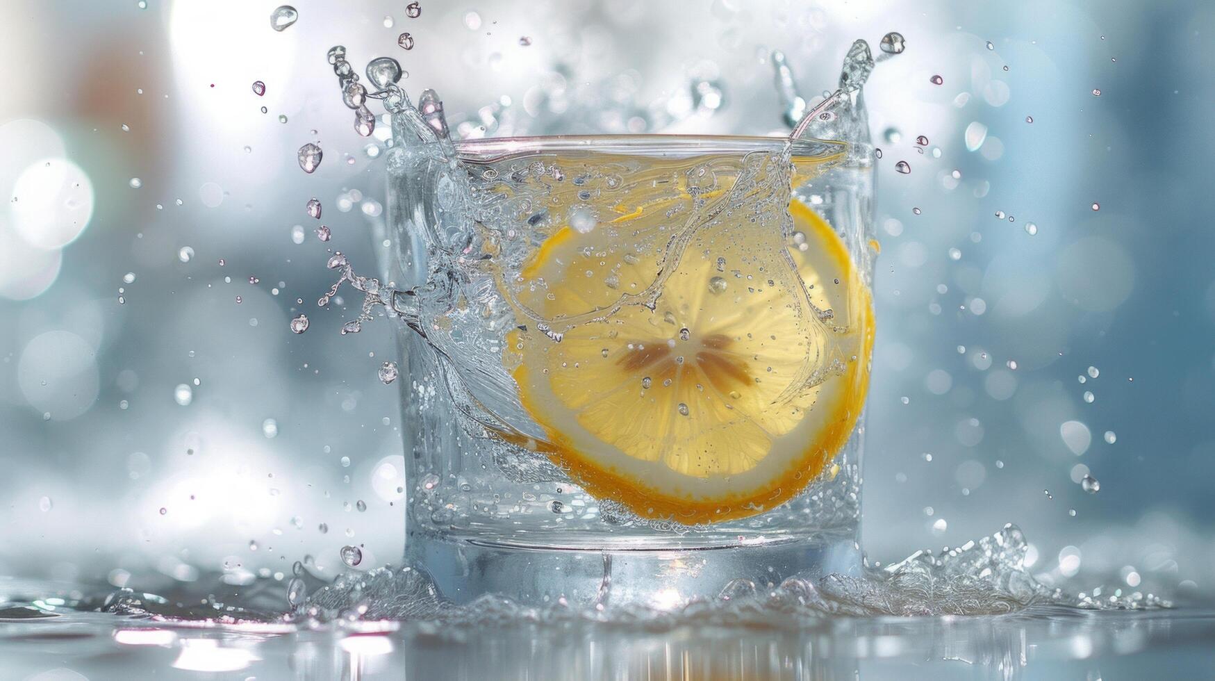 AI generated A lemon half plunges into a crystal-clear glass of water, capturing a refreshing moment photo