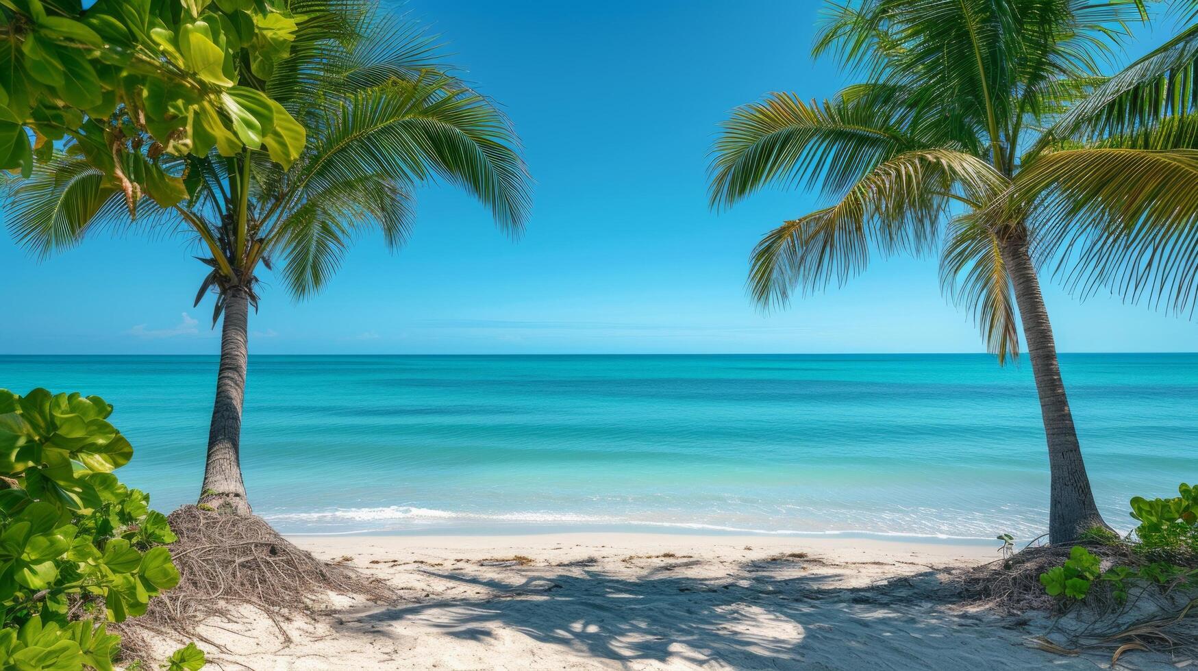 AI generated Palms sway in the breeze as turquoise waters invite beachgoers to unwind photo
