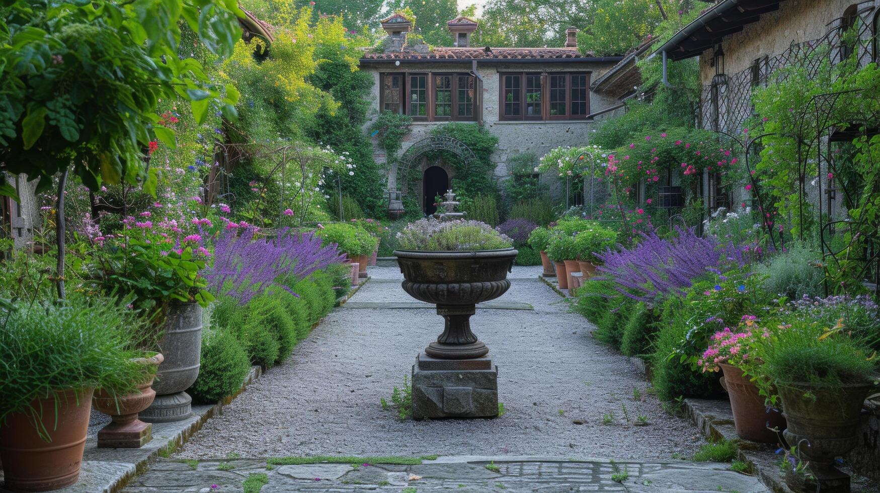 ai generado lozano floraciones rodear un oculto patio dentro el del castillo paredes foto