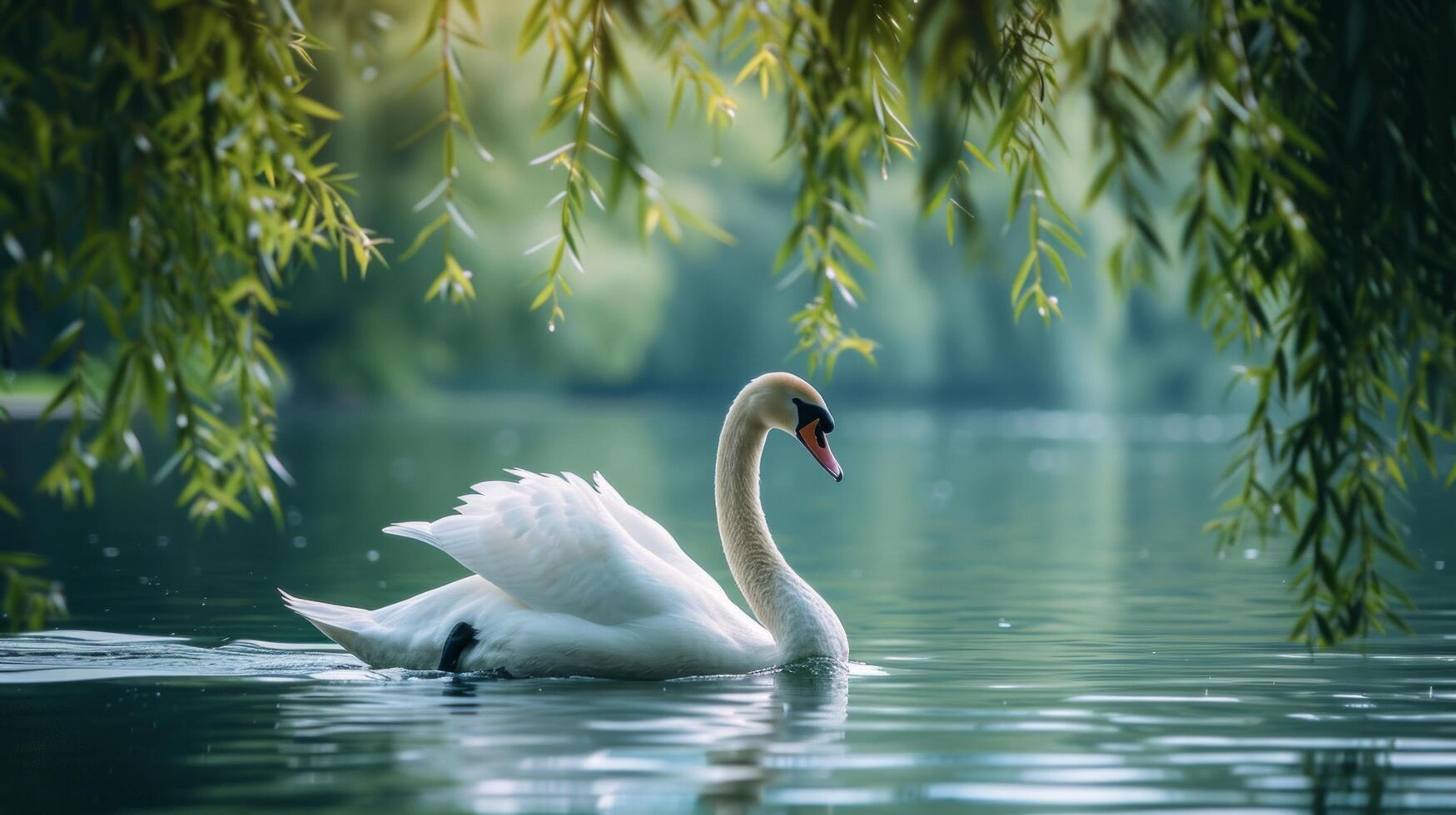 AI generated A graceful swan gliding across a glassy pond framed by willows photo