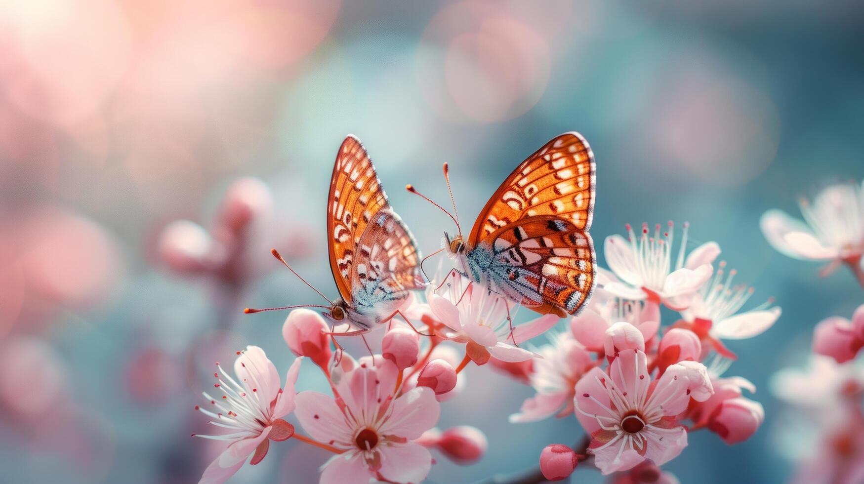 AI generated A pair of dainty butterflies dancing amidst tender blossoms. large copyspace area photo