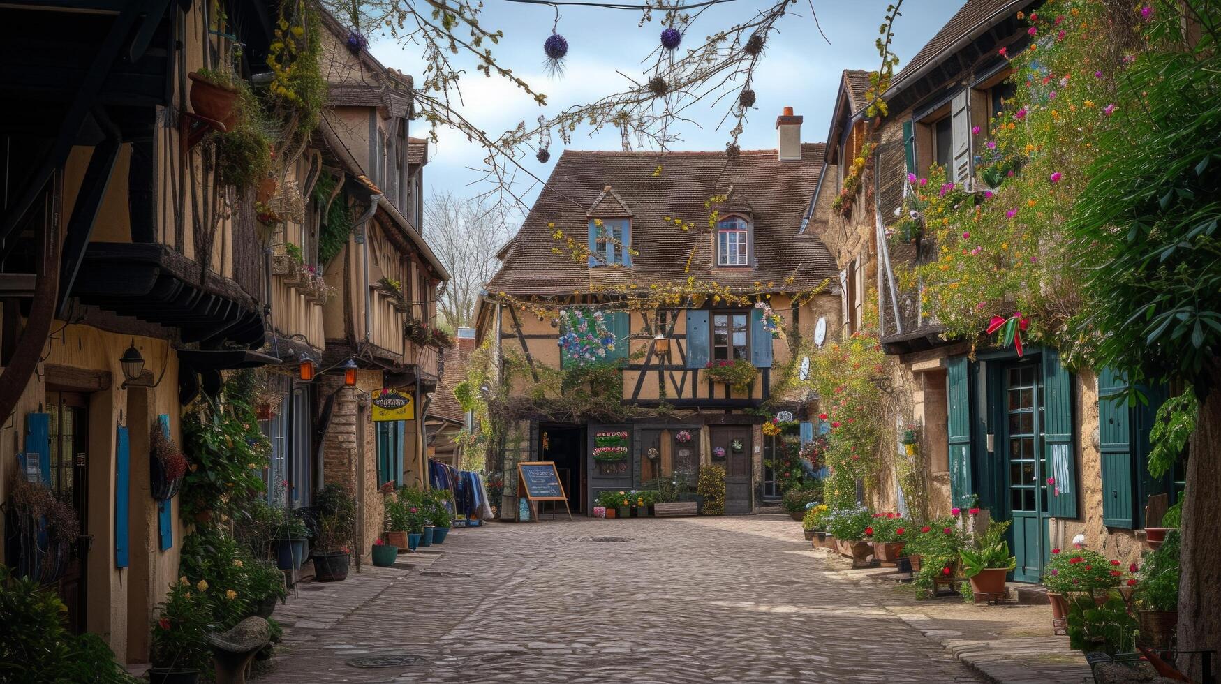 AI generated A quaint village square adorned with festive spring decorations photo