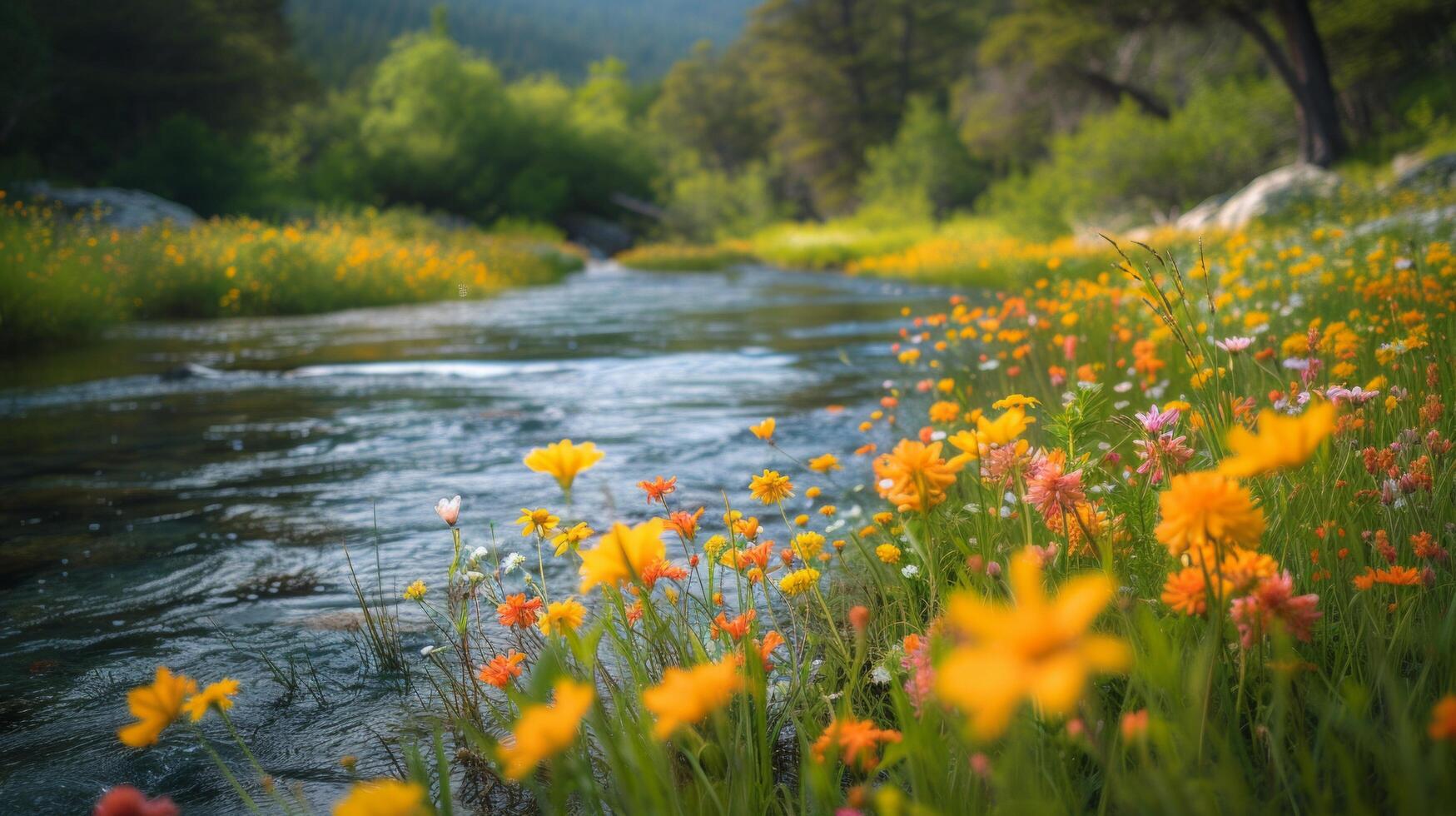 AI generated A serene riverside scene with vibrant wildflowers in bloom photo
