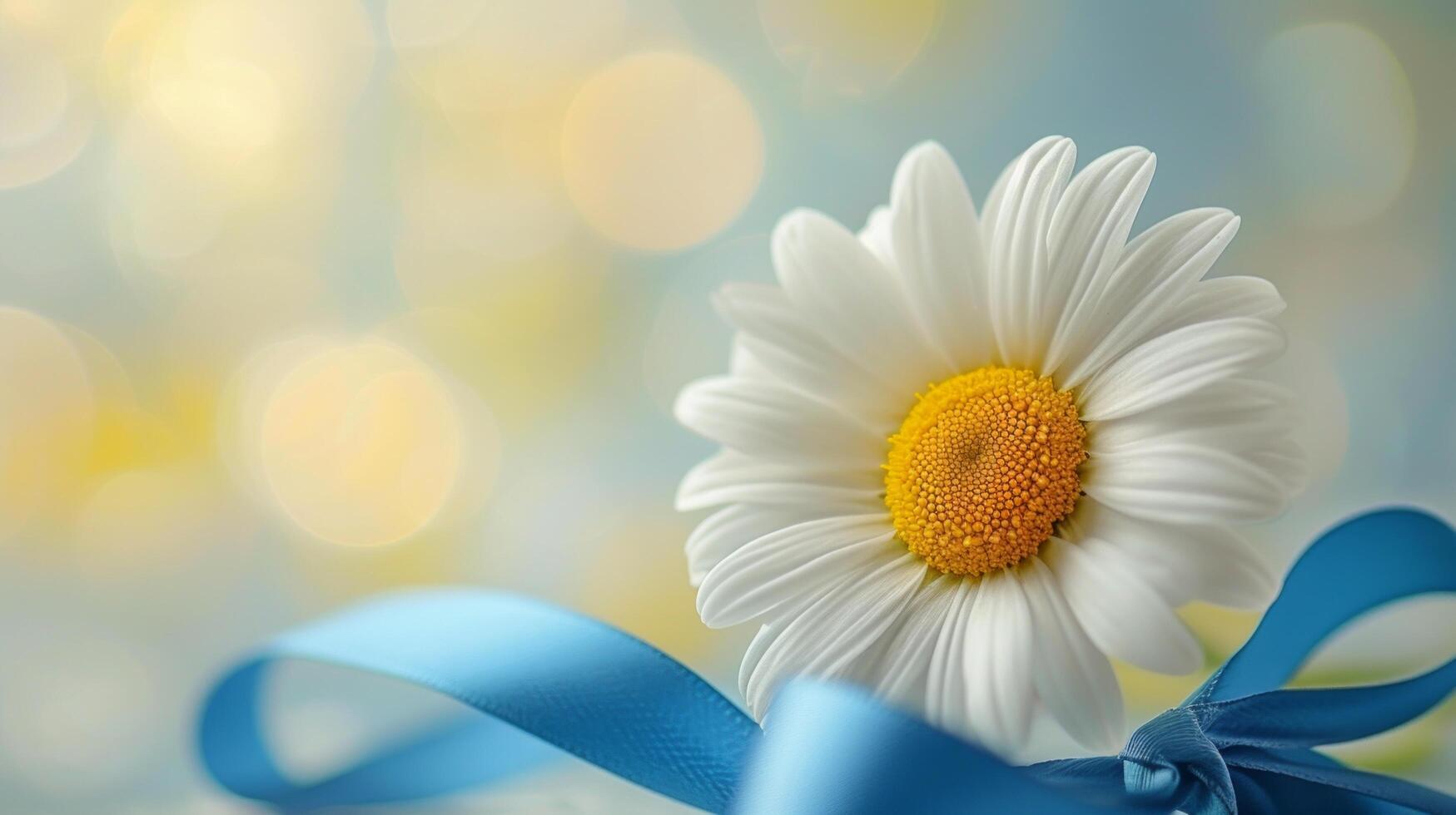 AI generated a single daisy with a blue ribbon, a subtle nod to Labor Day's colors photo