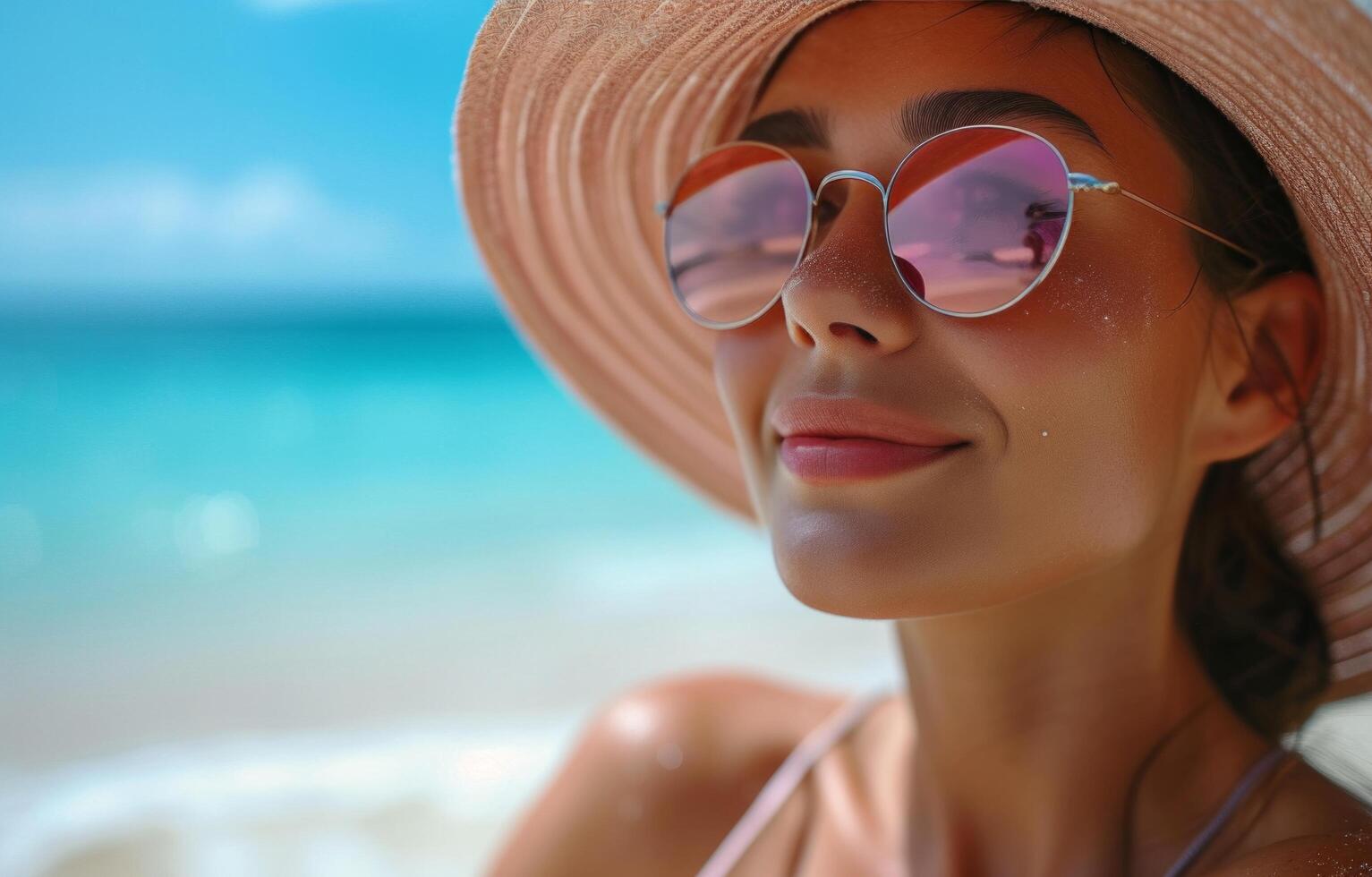 AI generated a woman with a hat and sun glasses is relaxing on beach photo