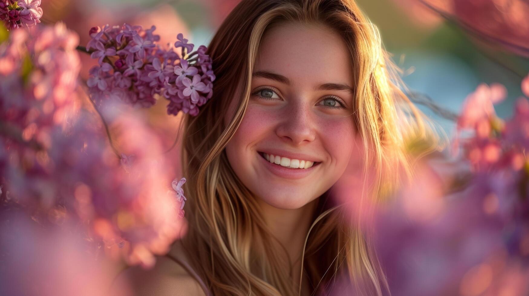 AI generated Amongst a backdrop of lilac blooms, her grin shines bright, capturing the essence of spring photo