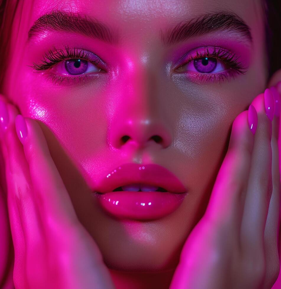 AI generated beautiful woman with bright pink nails holding hands photo