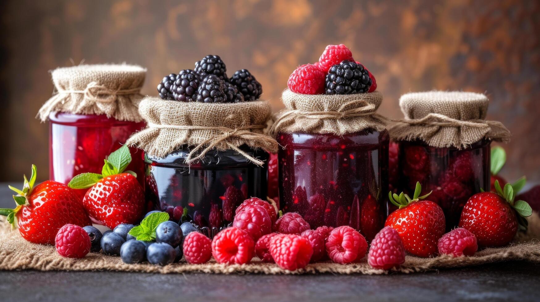 AI generated Minimalist compositions adorned with jars overflowing with ripe berry preserves photo