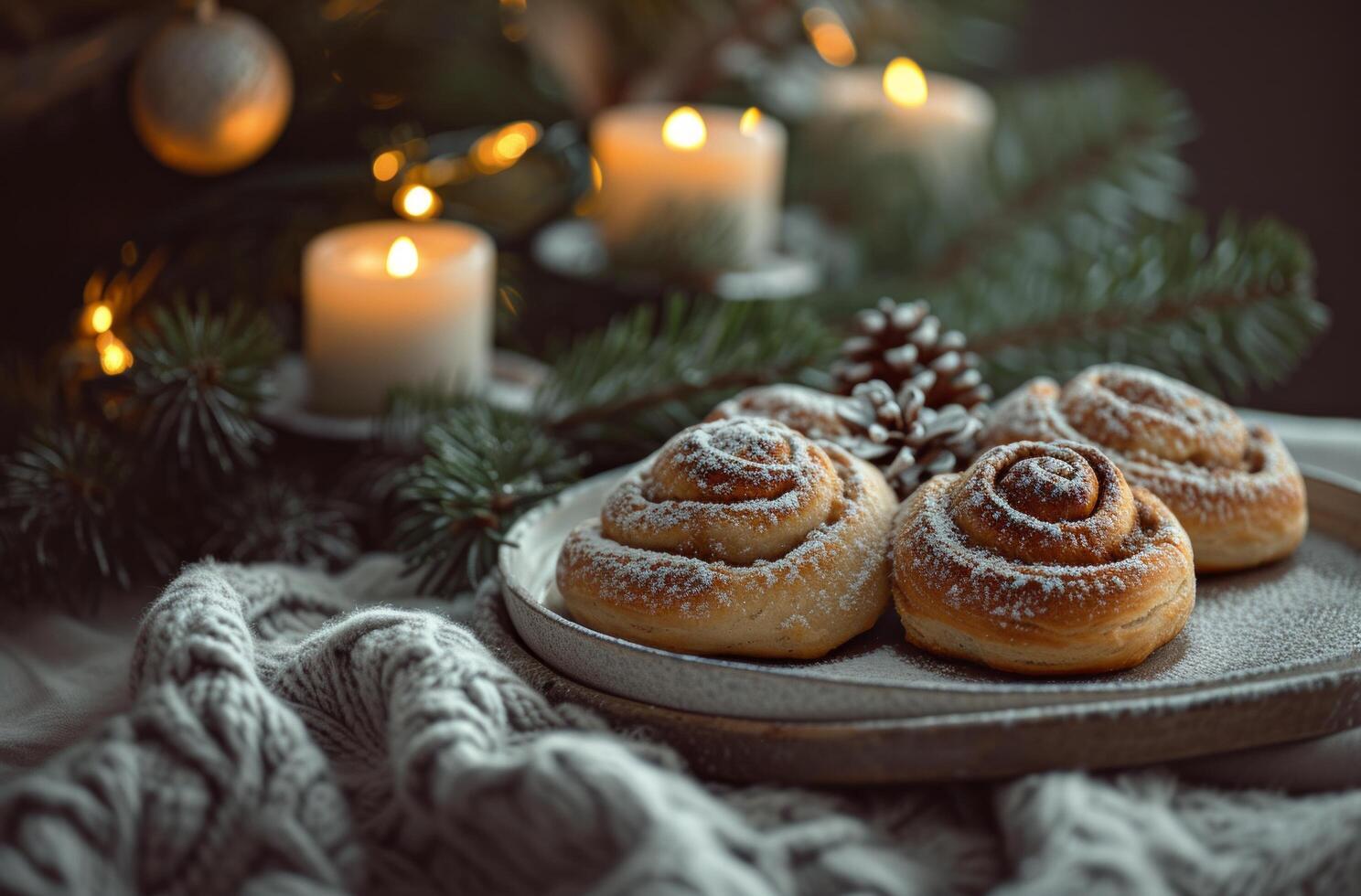 AI generated christmas cinnamon rolls with christmas holiday tree photo