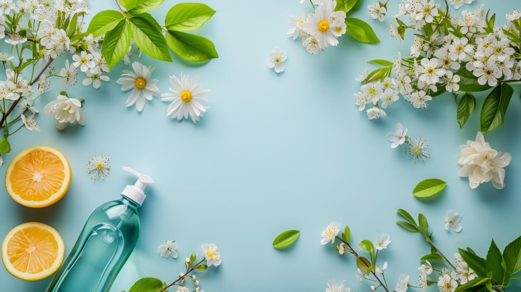 AI generated Clean and uncluttered backgrounds featuring spring cleaning items, evoking a tranquil atmosphere photo