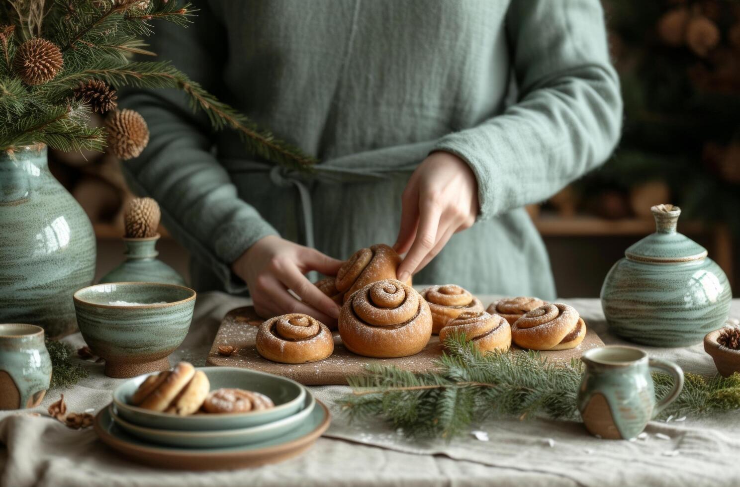 AI generated girl hands out dough and cinnamon buns by table under trees photo