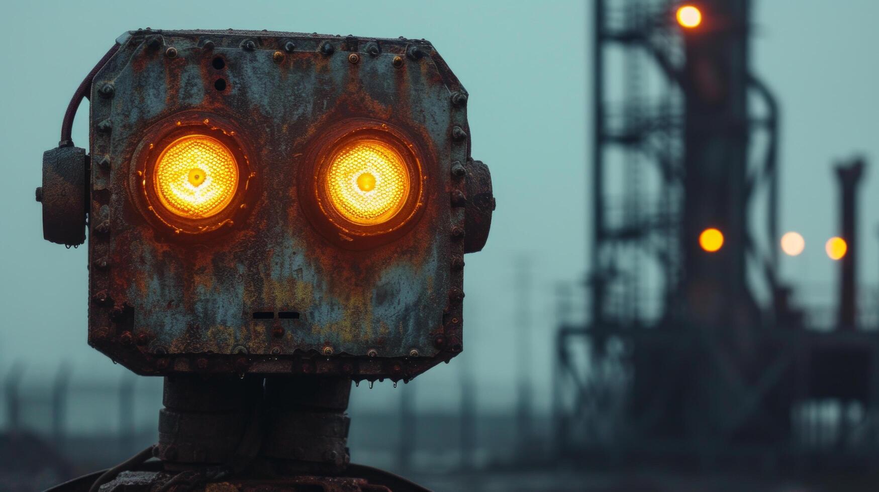 AI generated Its LED eyes glow with curiosity against a backdrop of industrial architecture photo