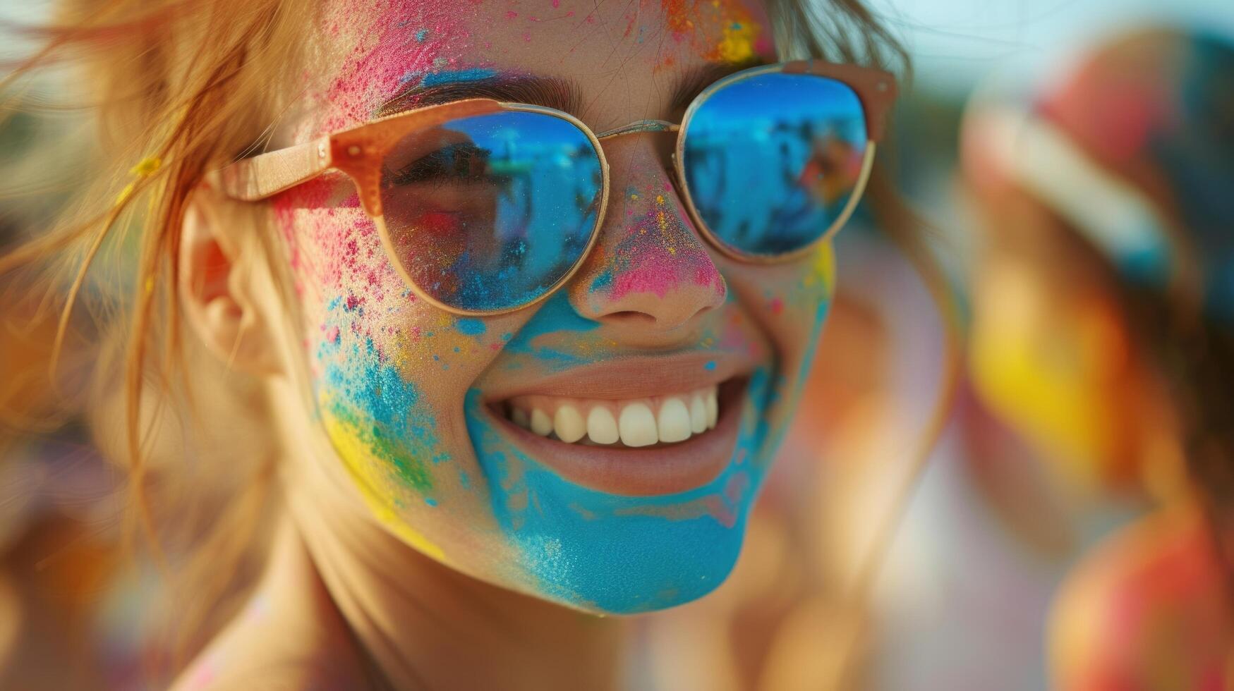AI generated Close-up shots capturing the radiant smiles and laughter of participants covered in colorful powder. photo