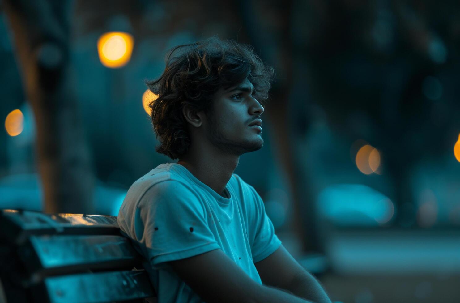 AI generated young man sitting on a bench photo