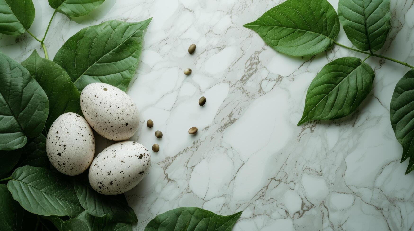 AI generated a bunch of green leaves surrounding Easter eggs over a marble counter, photo