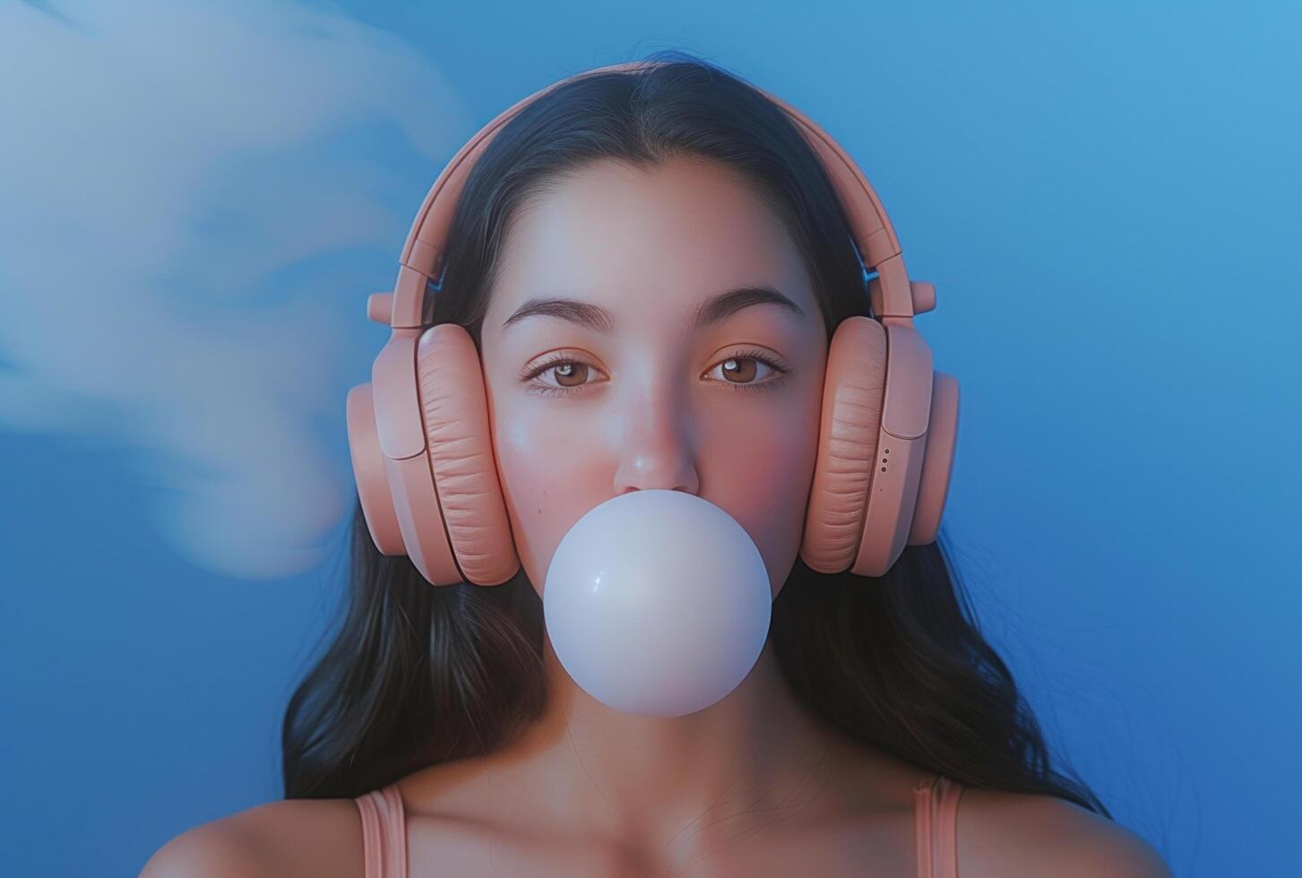 AI generated a woman blowing a bubble with headphones photo