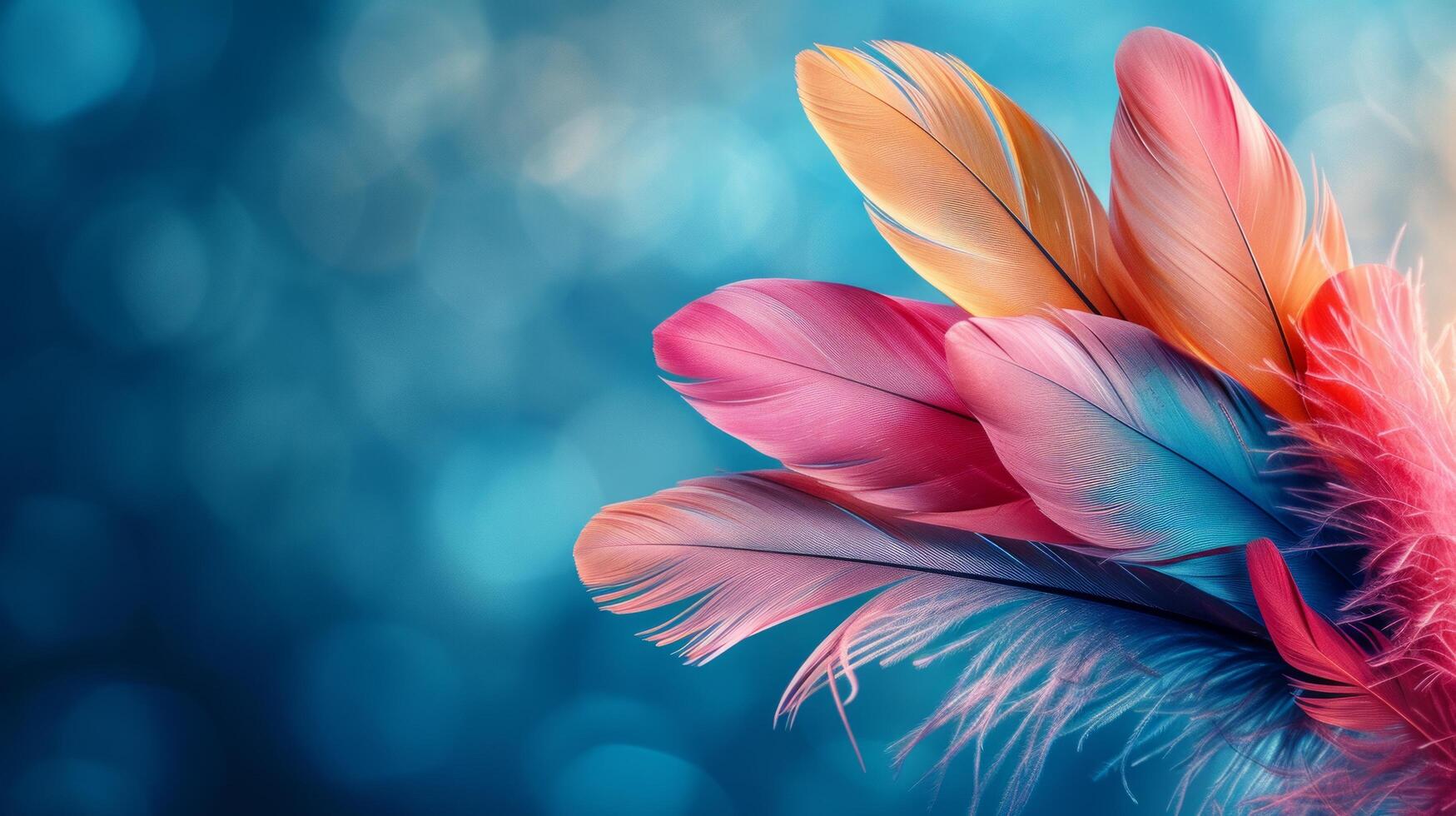 AI generated Minimalist image capturing the enchanting allure of colorful feathers against a serene and dreamy backdrop photo