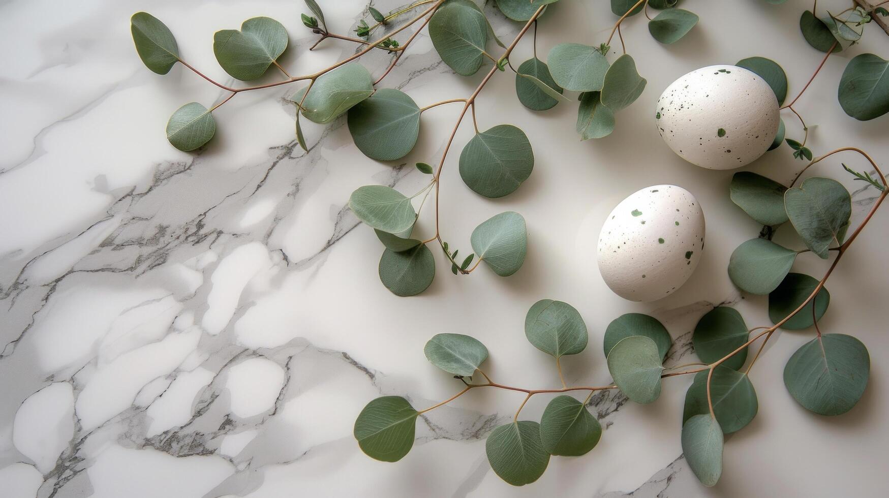AI generated branches of eucalyptus decorated with eggs and green leaves on white marble photo