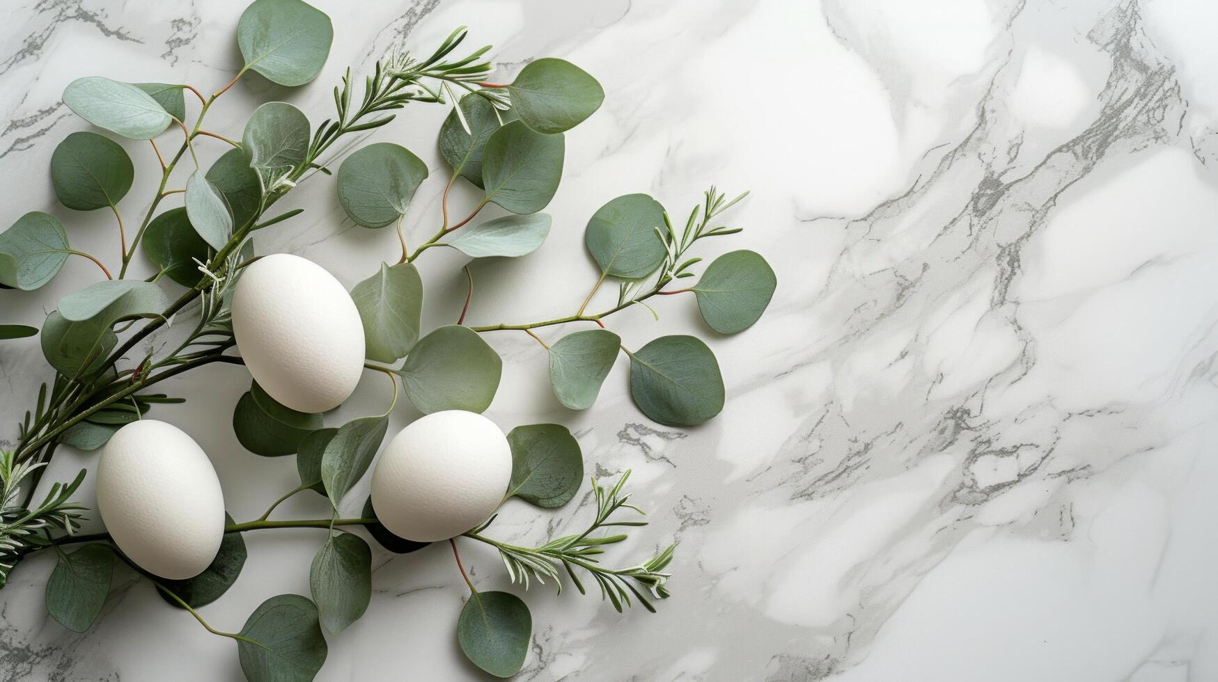 AI generated branches of eucalyptus decorated with eggs and green leaves on white marble photo