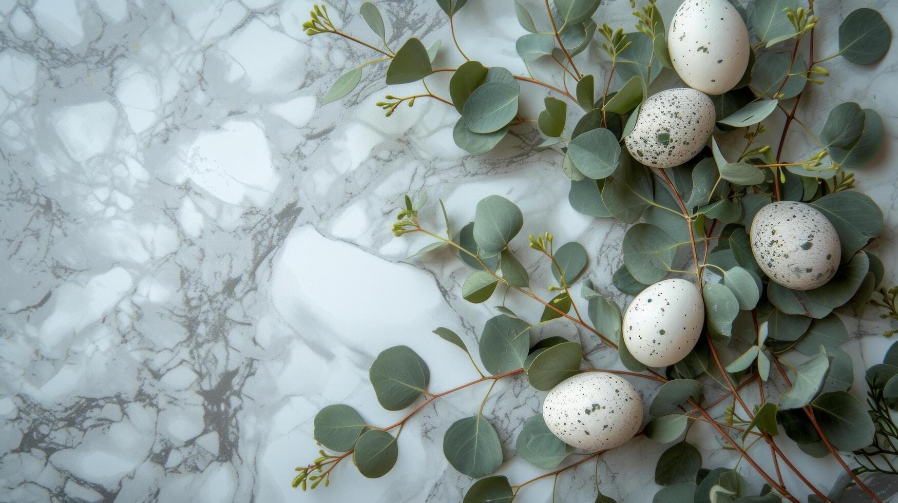AI generated branches of eucalyptus decorated with eggs and green leaves on white marble photo