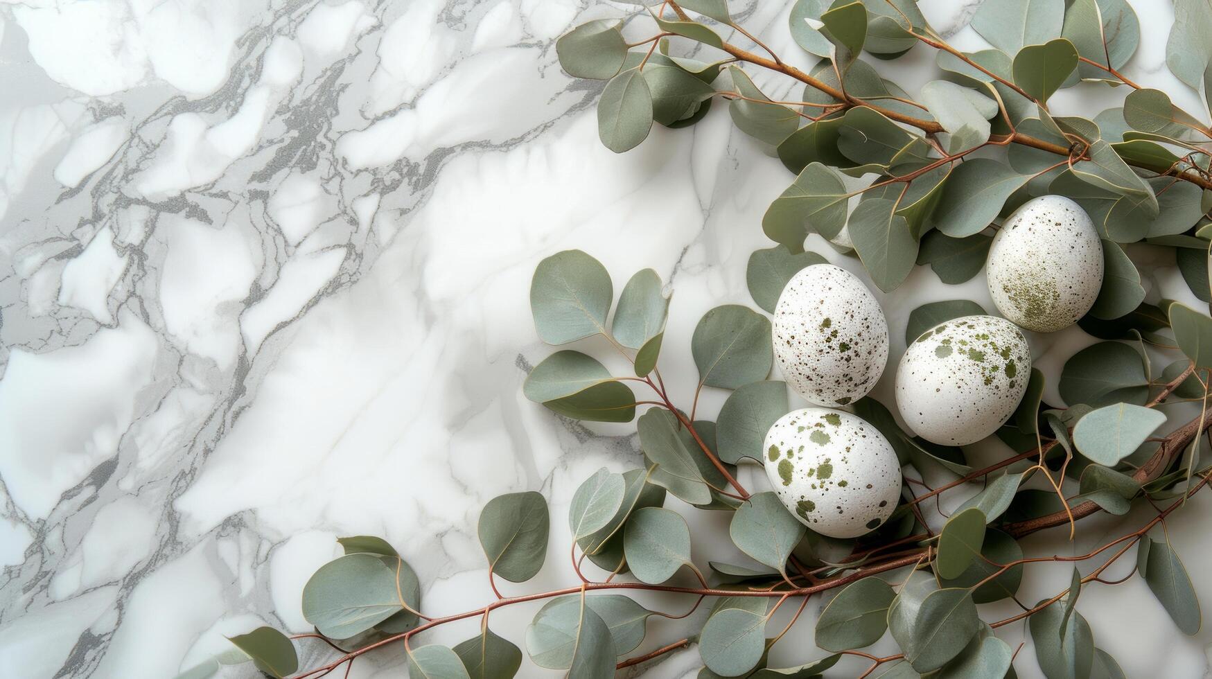 AI generated branches of eucalyptus decorated with eggs and green leaves on white marble photo