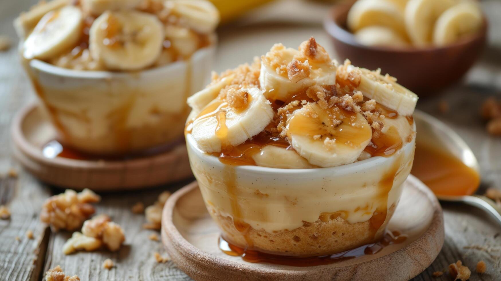 AI generated Clean and understated photo evoking a sense of bliss with desserts and caramelized banana toppings