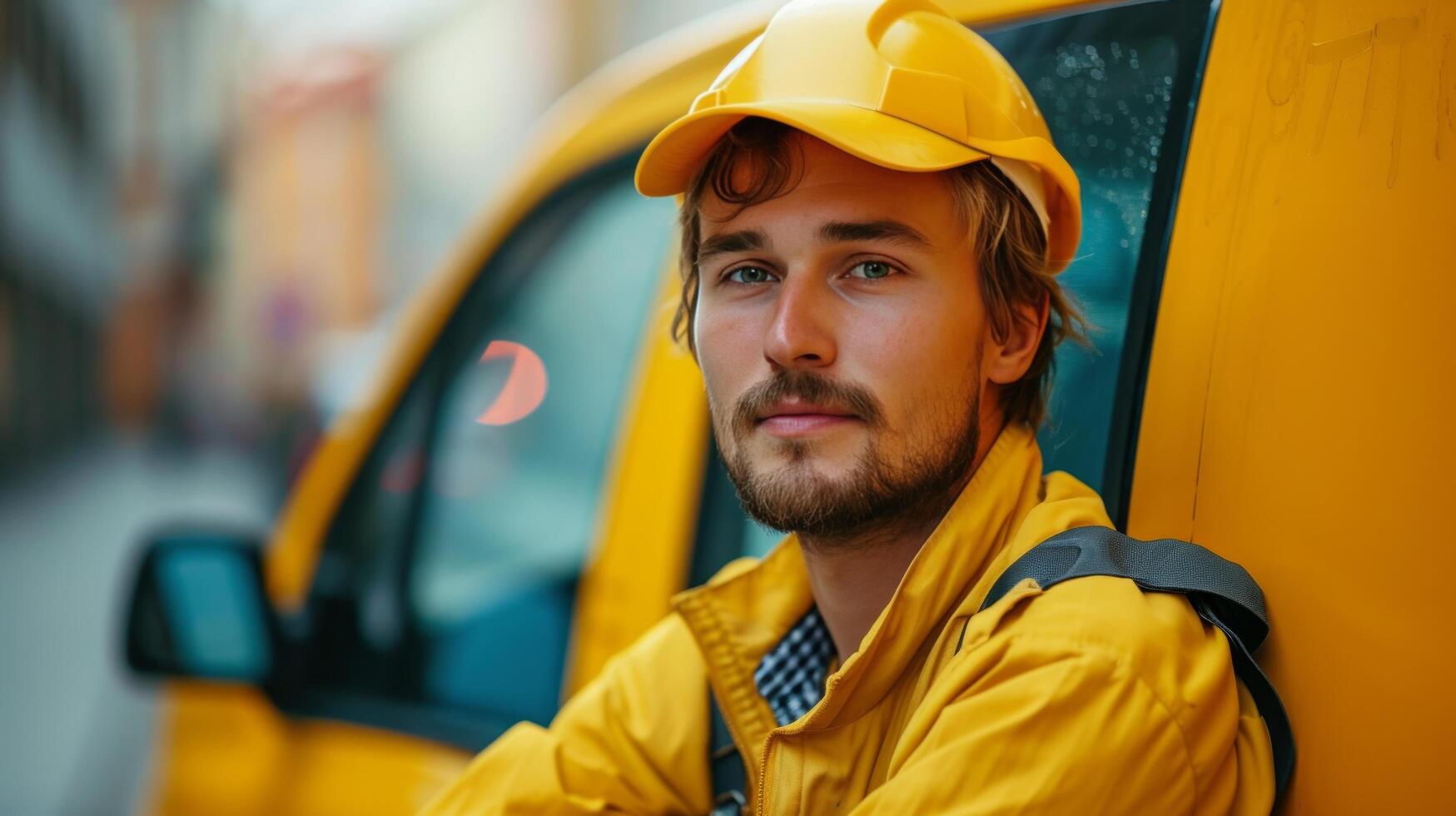 AI generated Minimalist image showcasing a confident young taxi driver against an abstract setting photo
