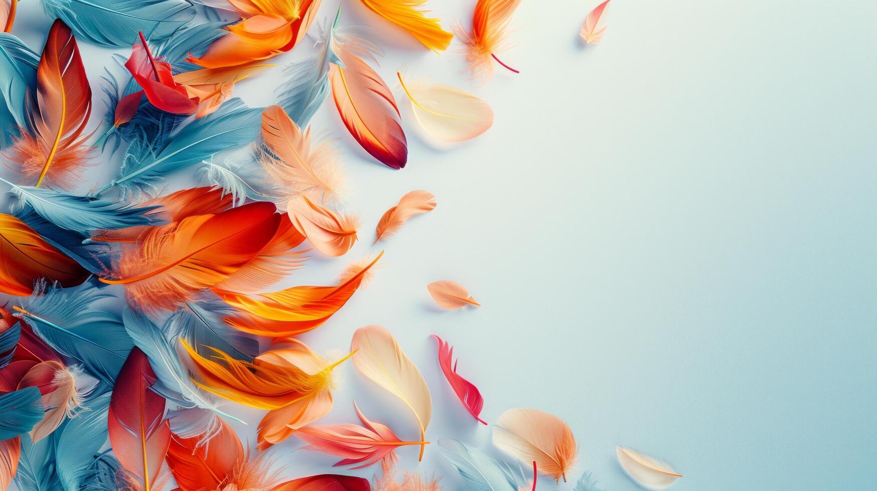 AI generated Minimalist backdrop adorned with a delicate array of multicolored feathers photo
