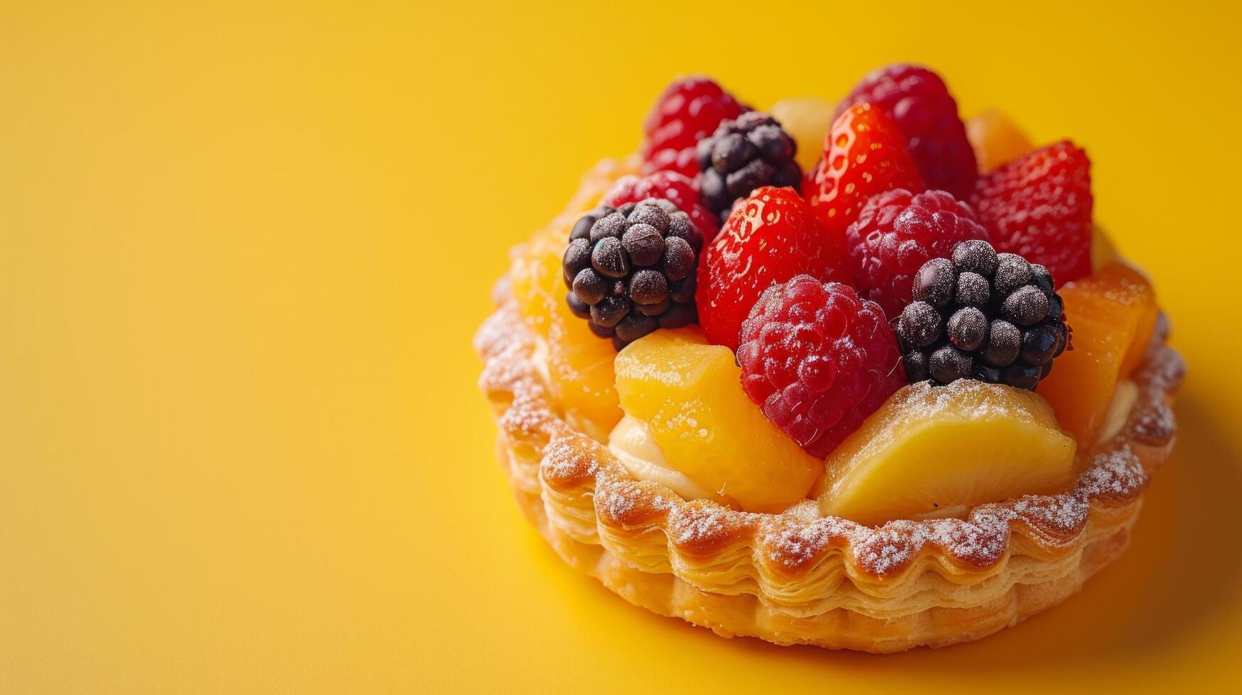 AI generated Minimalist photo showcasing a single pastry adorned with vibrant, fresh fruits
