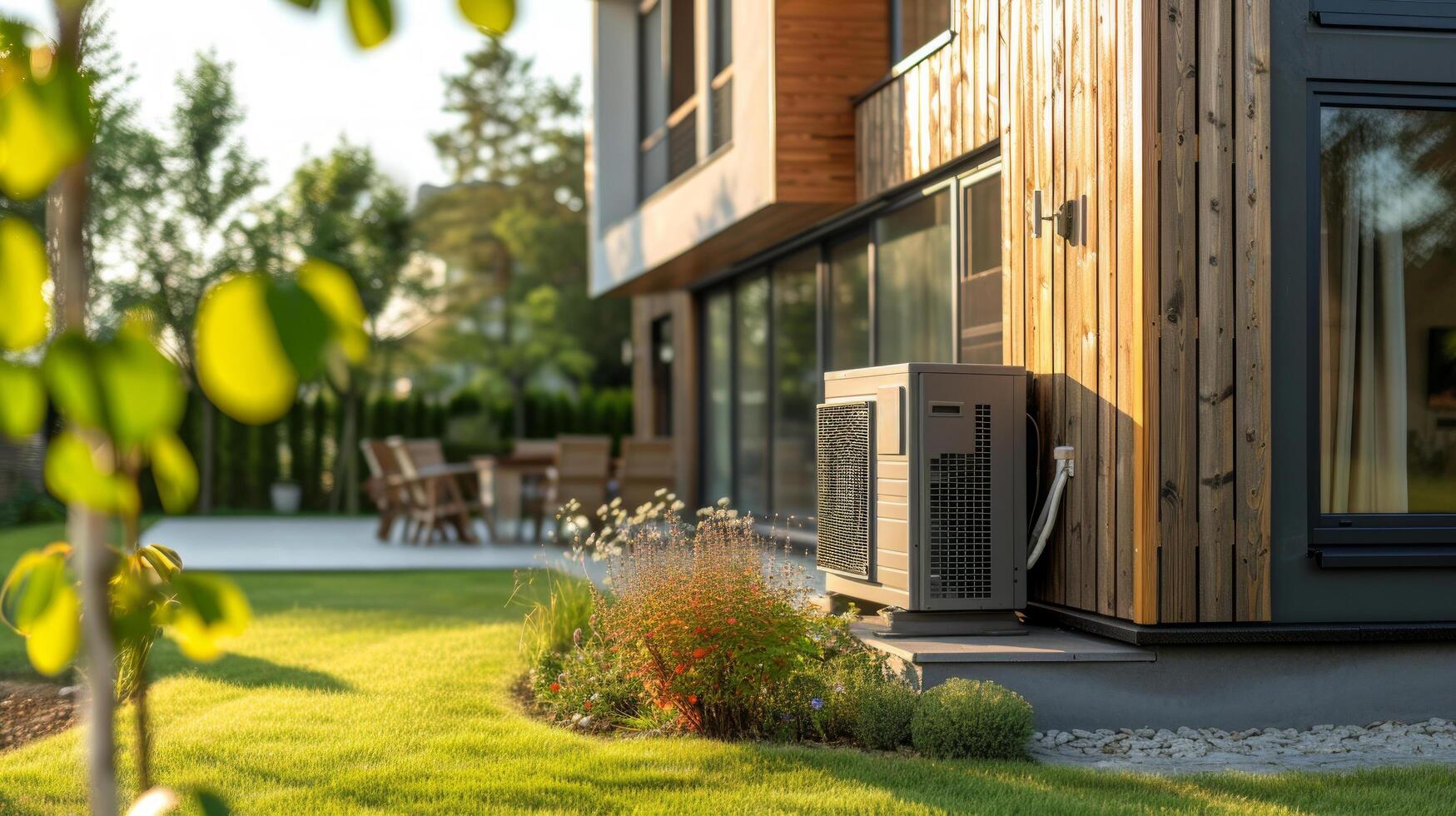 AI generated Heat pump located near a contemporary residence. large copyspace area photo