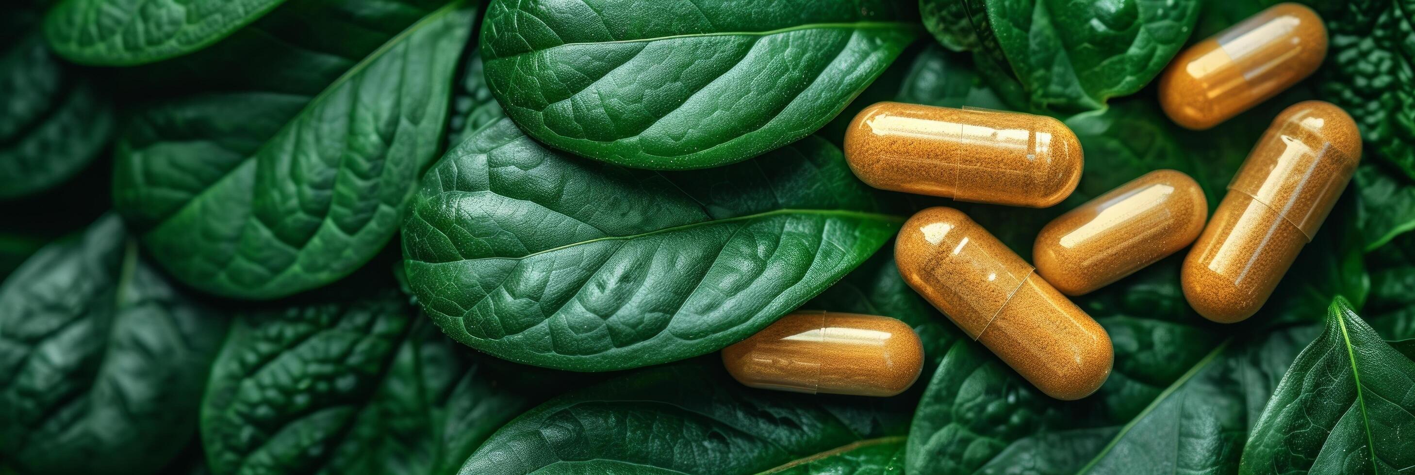 AI generated Herbal supplement capsules arranged on a bed of lush green leaves photo